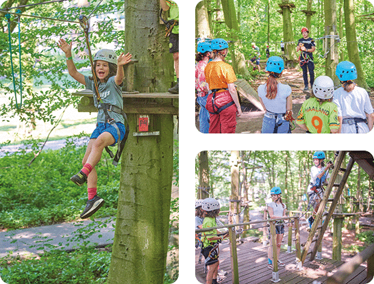 3 foto's: 1.Jongetje schreeuwt het uit van plezier terwijl hij de zipline afgaat., 2. Instructeur geeft uitleg aan een groep kinderen en volwassenen voordat ze het klimbos ingaan, 3. Meisje klimt een ladder op, terwijl leeftijdsgenoten onderaan met elkaar in gesprek zijn.